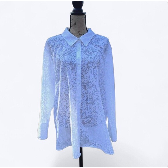 Susan Graver Style Button Up Shirt Womens Sz 2X White Floral Sheer Bling Beachy - Picture 1 of 9